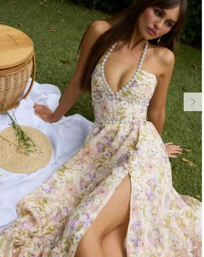 Women's Wedding Guest Floral Halter Maxi Dress With Slit