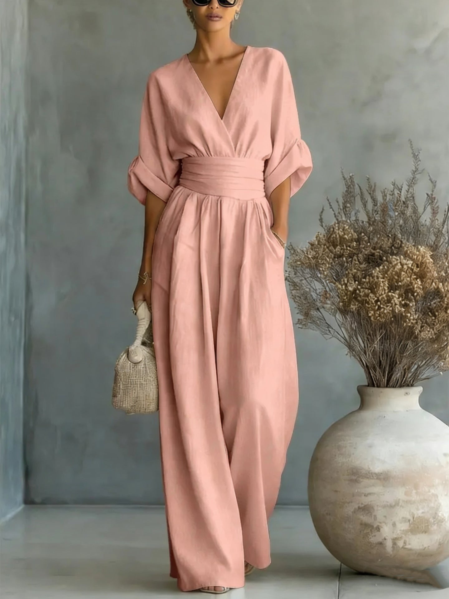 Women's Cocktail V Neck Flutter Sleeve Wide Leg Jumpsuit