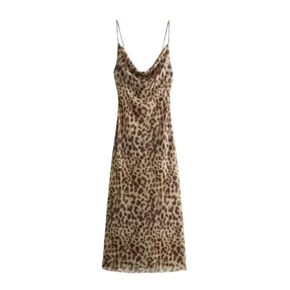 Women's Cocktail Leopard Scoop Neck Maxi Backless Dress