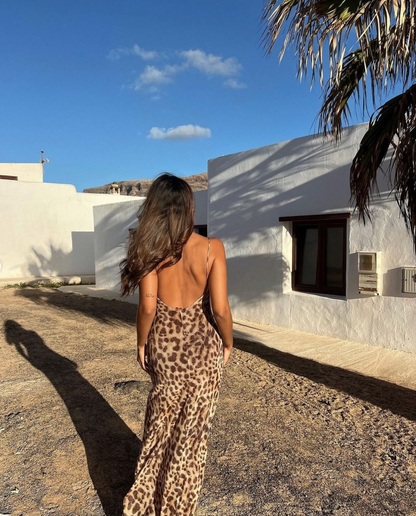 Women's Cocktail Leopard Scoop Neck Maxi Backless Dress