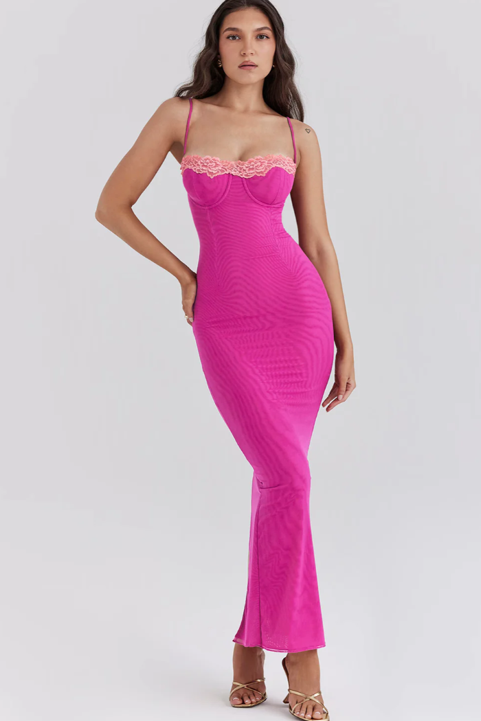 Women's Cocktail Lace Trim Sweetheart Maxi Dress