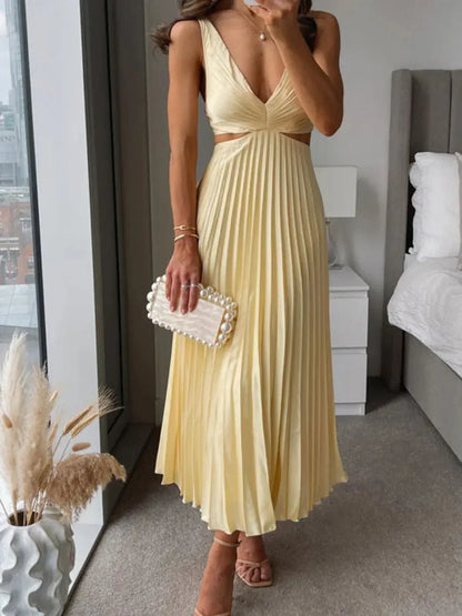 Women's Wedding Guest Pleated V Neck Cutout Midi Dress