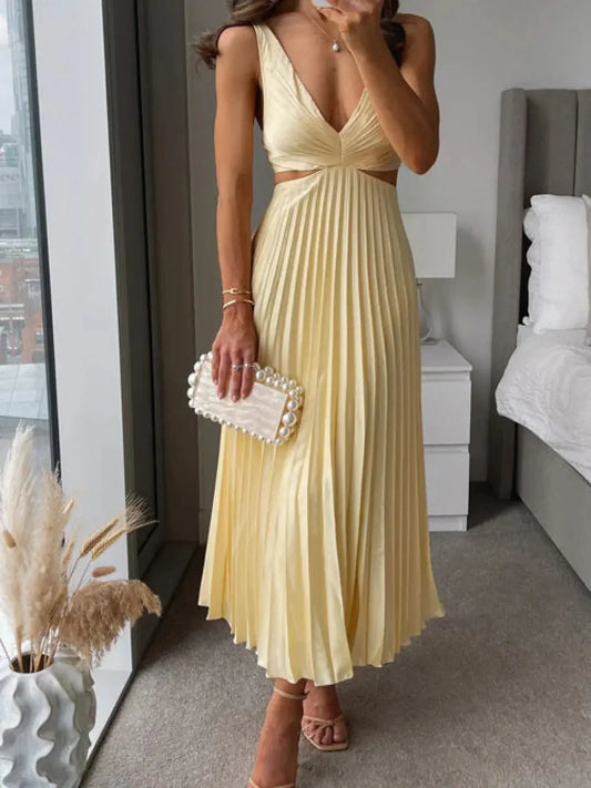 Women's Wedding Guest Pleated V Neck Cutout Midi Dress