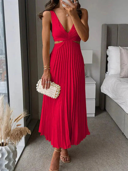 Women's Wedding Guest Pleated V Neck Cutout Midi Dress