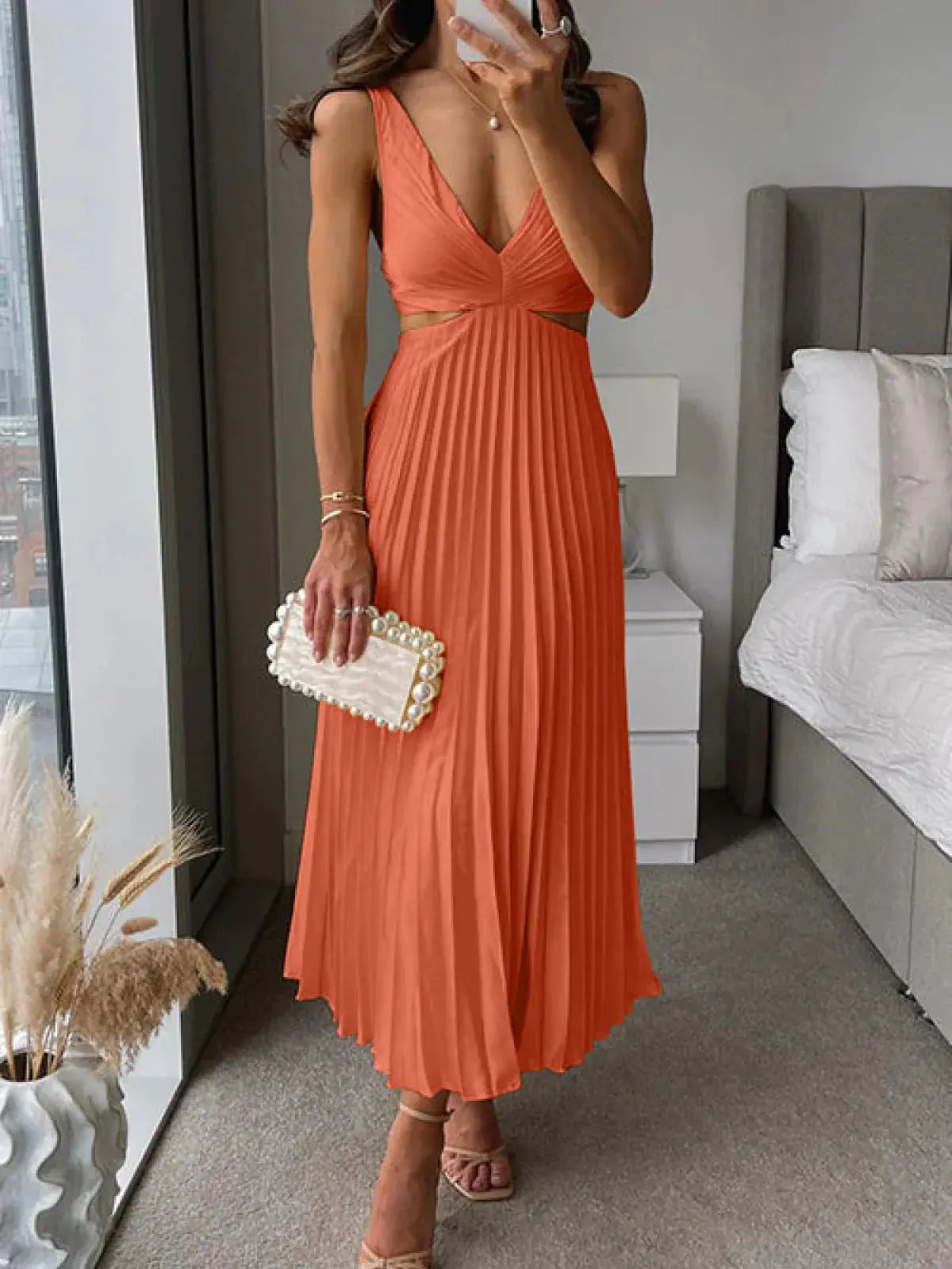 Women's Wedding Guest Pleated V Neck Cutout Midi Dress