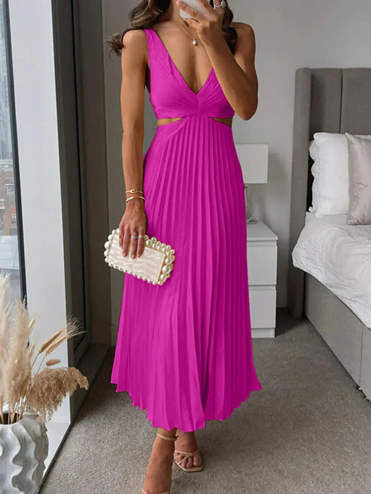 Women's Wedding Guest Pleated V Neck Cutout Midi Dress