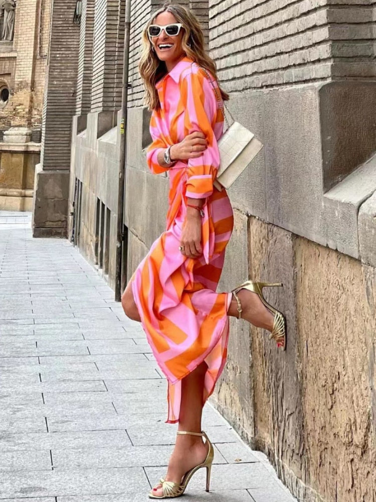 Women's Summer Wrap Midi Dress With Collar Long Sleeve