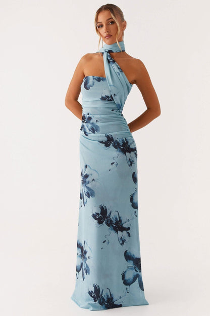 Women's Wedding Guest Floral Halter Maxi Dress
