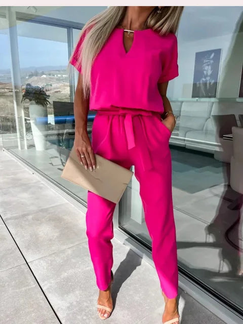 Women's Cocktail V Neck Short Sleeve Ankle Jumpsuit