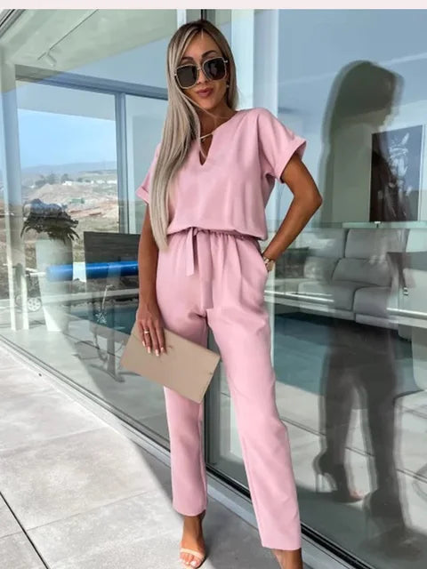 Women's Cocktail V Neck Short Sleeve Ankle Jumpsuit