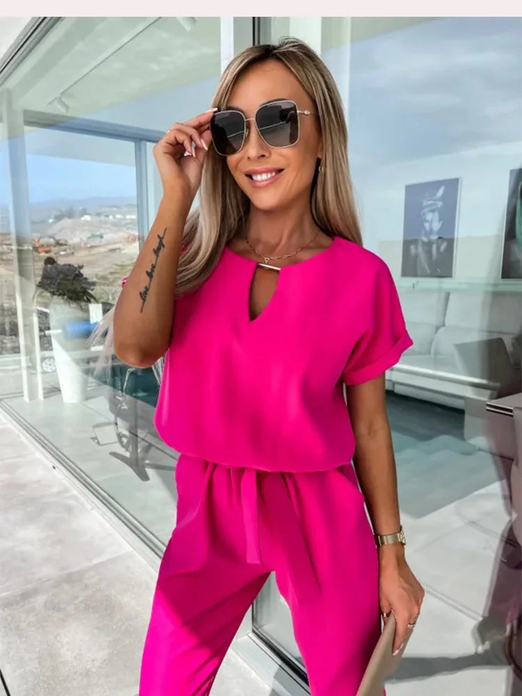 Women's Cocktail V Neck Short Sleeve Ankle Jumpsuit