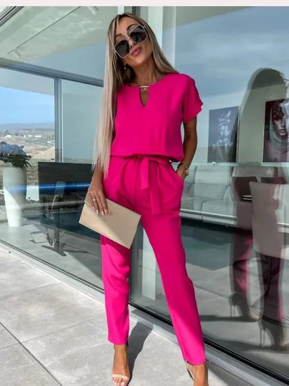 Women's Cocktail V Neck Short Sleeve Ankle Jumpsuit