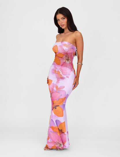 Women's Wedding Guest Strapless Floral Maxi Dress