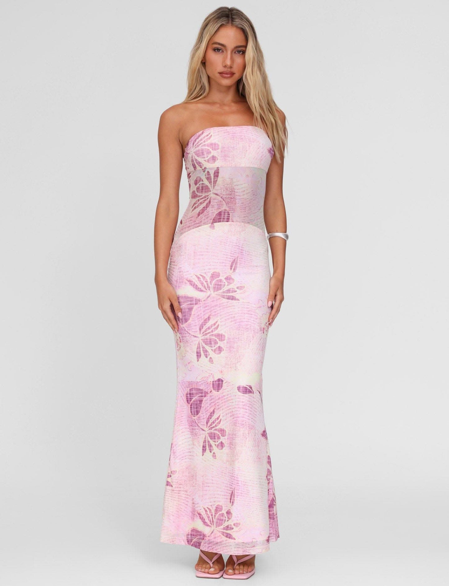 Women's Wedding Guest Strapless Floral Maxi Dress