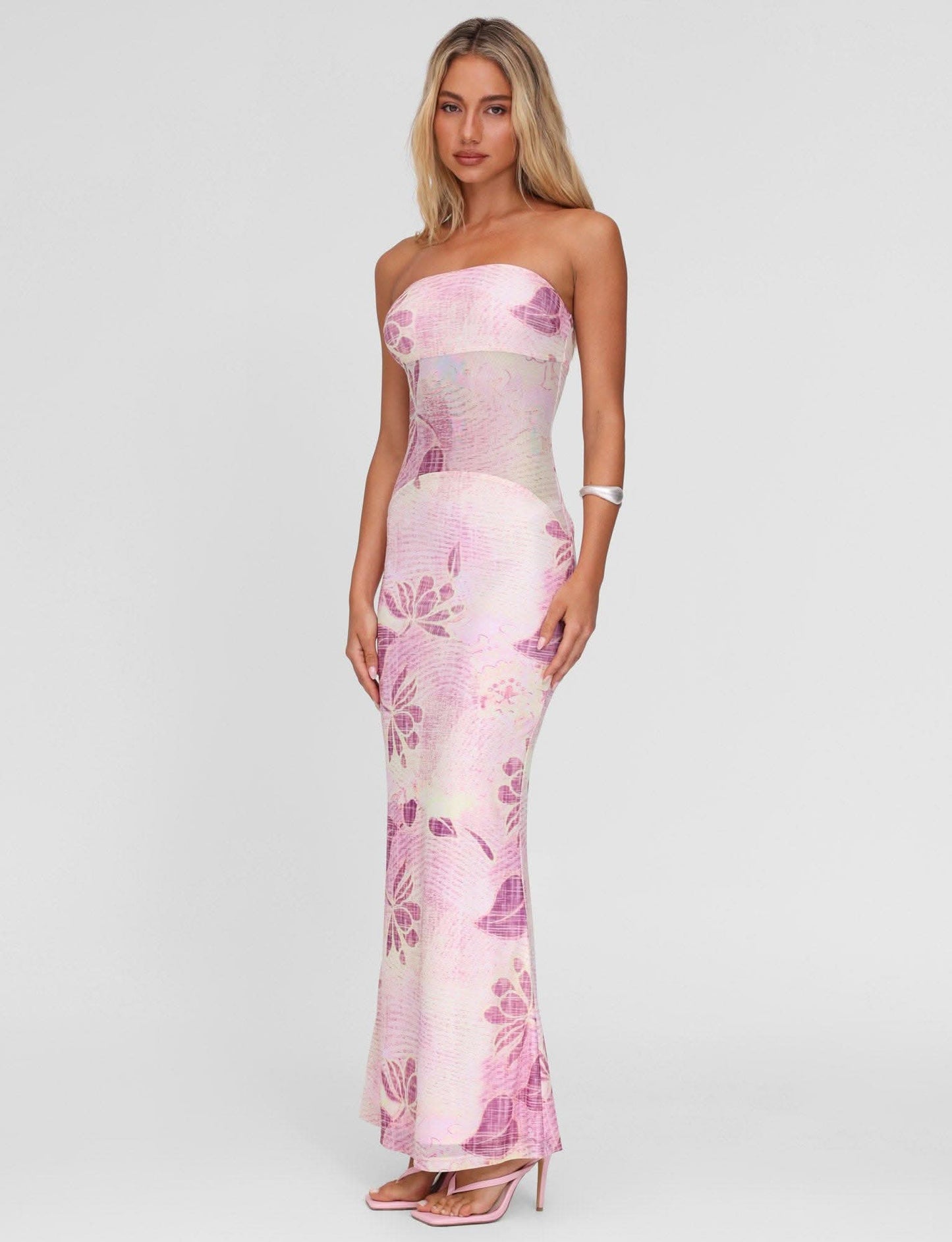 Women's Wedding Guest Strapless Floral Maxi Dress