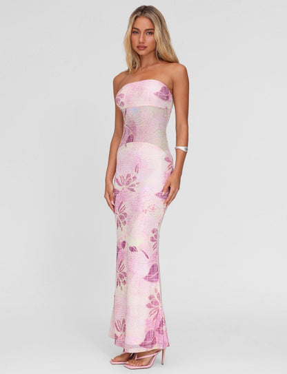 Women's Wedding Guest Strapless Floral Maxi Dress