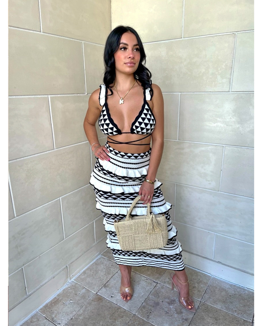 Women's Vacation Geometric Knit Bralette and Midi Skirt Set