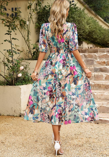 Women's Wedding Guest Floral V Neck Midi Dress