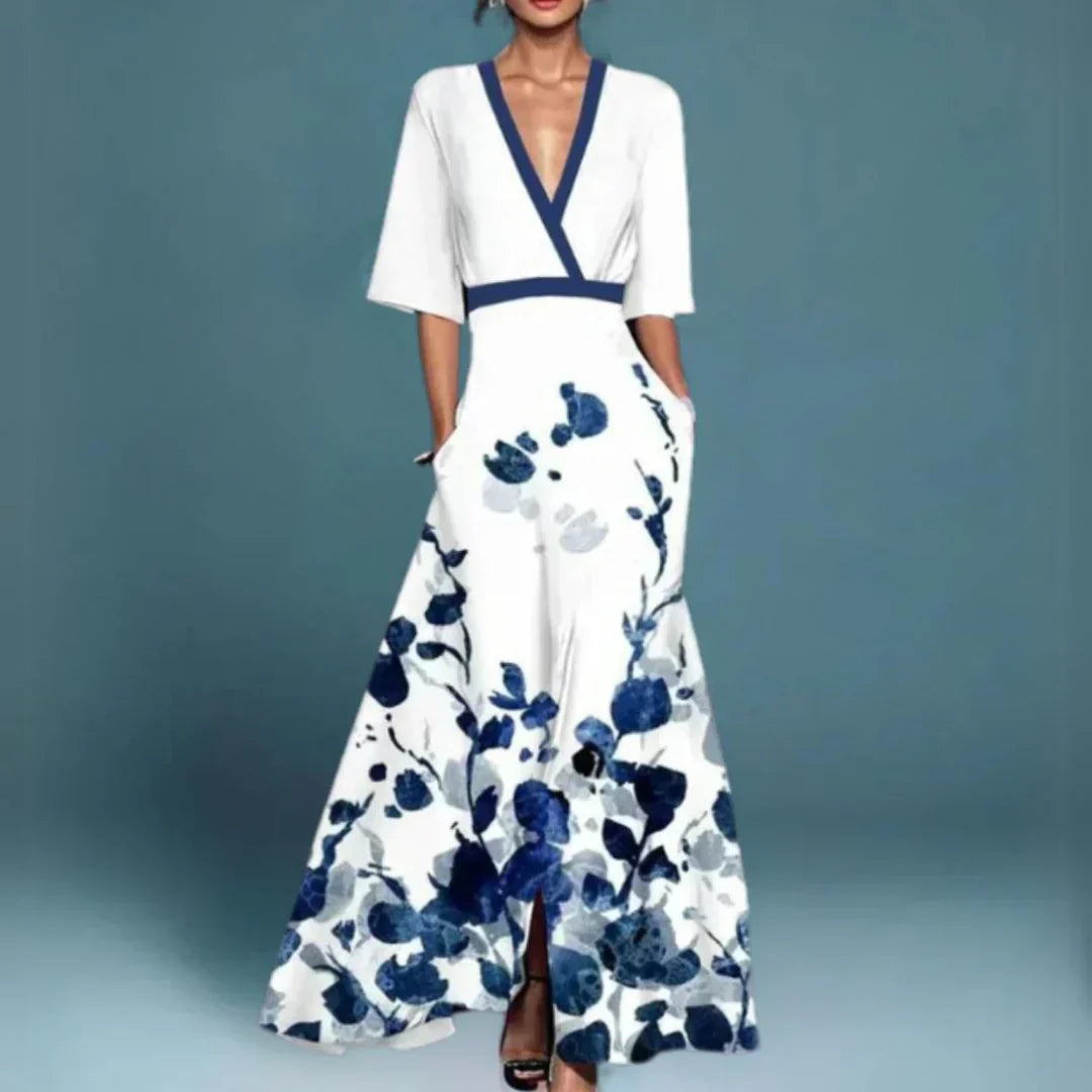 Women's Wedding Guest Floral V Neck Maxi Dress with Pockets