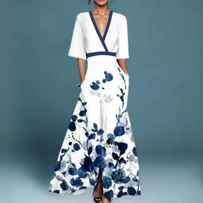 Women's Wedding Guest Floral V Neck Maxi Dress with Pockets