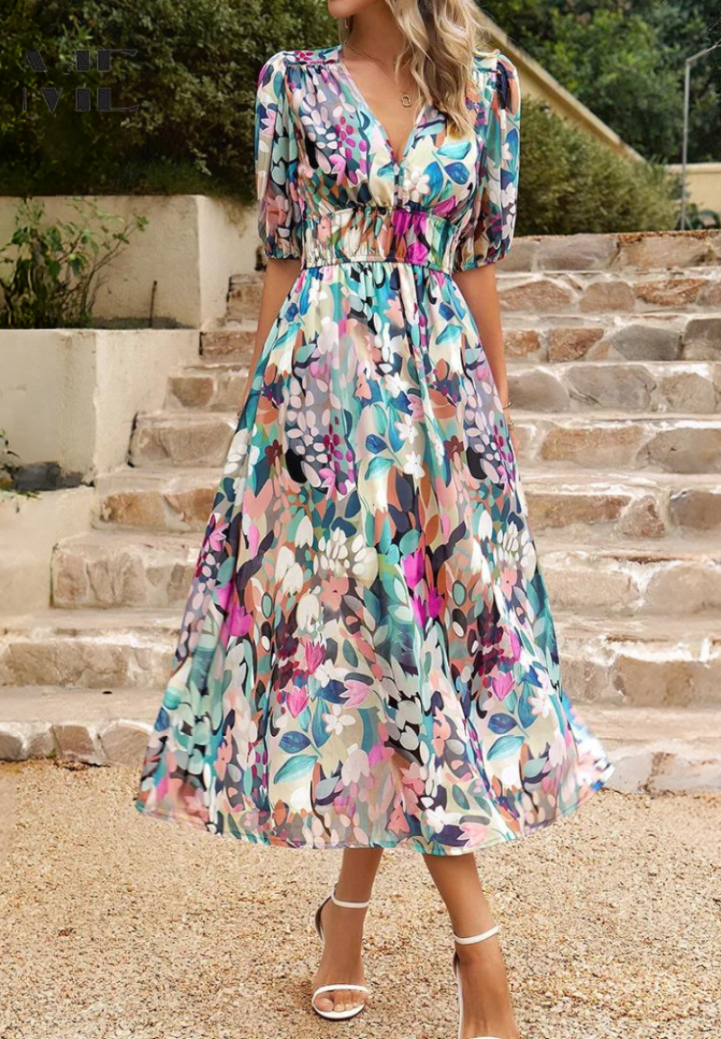 Women's Wedding Guest Floral V Neck Midi Dress