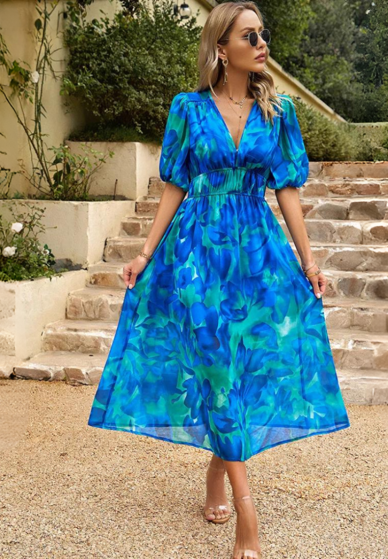 Women's Wedding Guest Floral V Neck Midi Dress