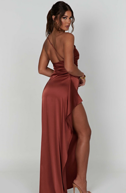 Women's Wedding Guest One Shoulder Satin Maxi Dress