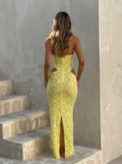 Women's Wedding Guest Halter Lace Cutout Maxi Dress