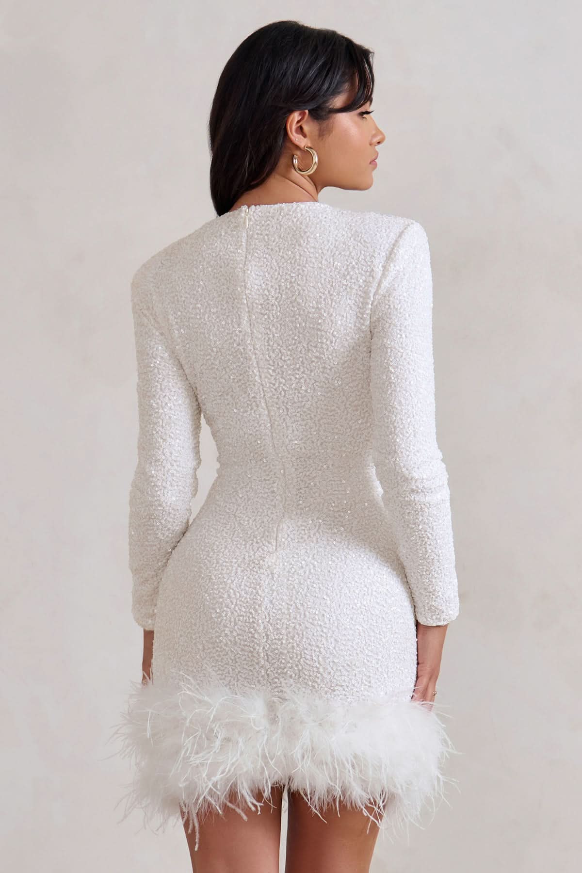 Women's Cocktail Sequin Long Sleeve Feather Hem Mini Dress