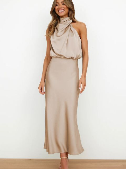 Women's Cocktail Halter Neck Satin Midi Dress