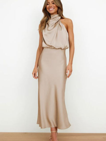 Women's Cocktail Halter Neck Satin Midi Dress