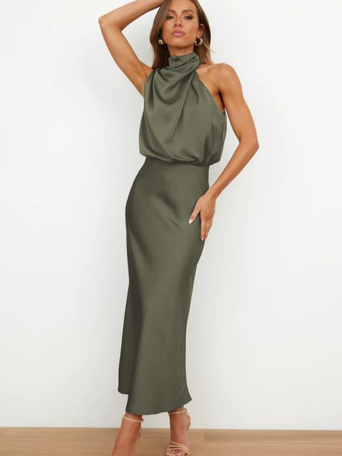 Women's Cocktail Halter Neck Satin Midi Dress