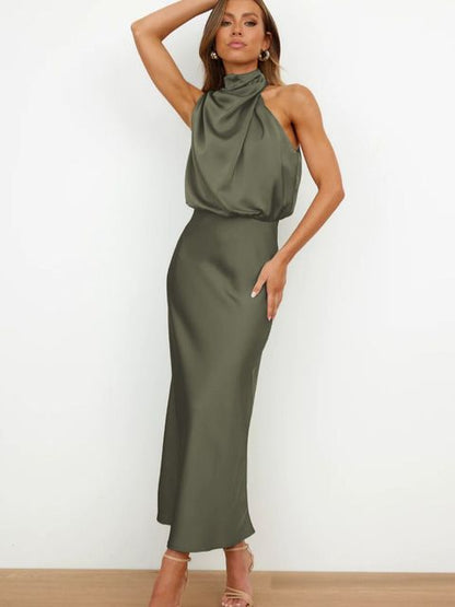 Women's Cocktail Halter Neck Satin Midi Dress