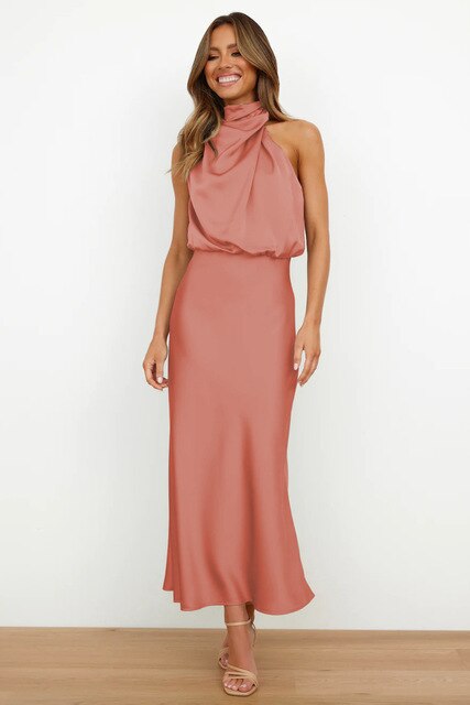 Women's Cocktail Halter Neck Satin Midi Dress