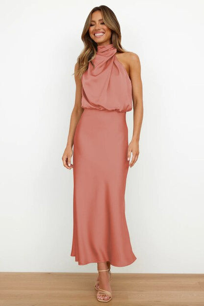 Women's Cocktail Halter Neck Satin Midi Dress
