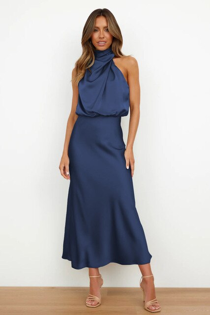 Women's Cocktail Halter Neck Satin Midi Dress