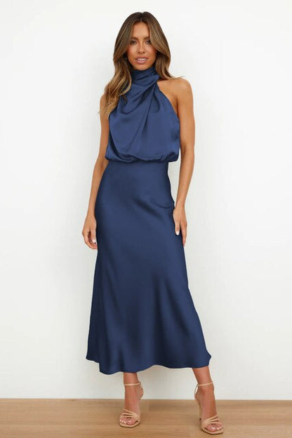 Women's Cocktail Halter Neck Satin Midi Dress