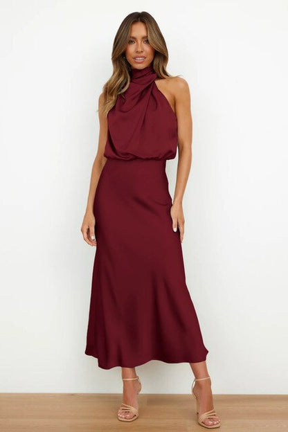 Women's Cocktail Halter Neck Satin Midi Dress