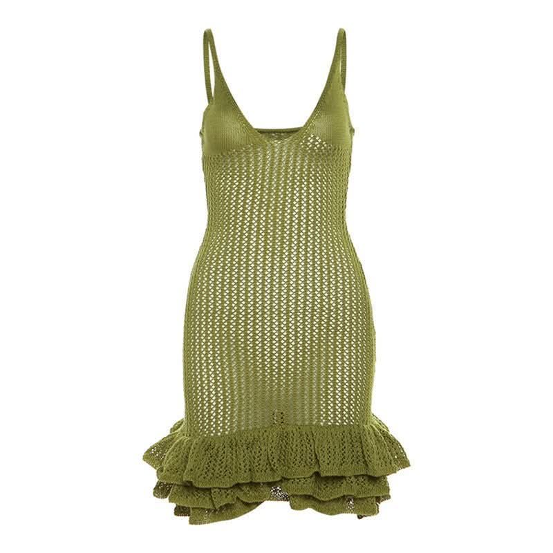 Women's Summer Crochet Scoop Neck Ruffle Mini Dress