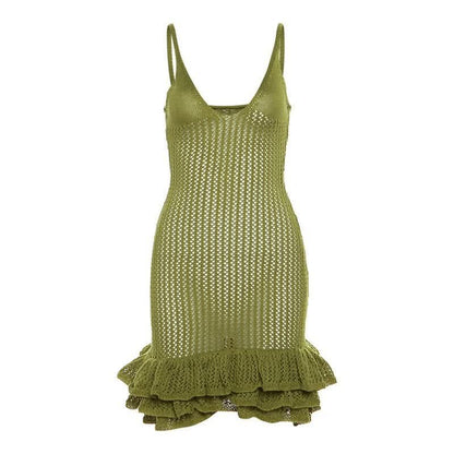 Women's Summer Crochet Scoop Neck Ruffle Mini Dress