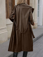 Elegancki Płaszcz Trench z Ekoskóry z Paskiem