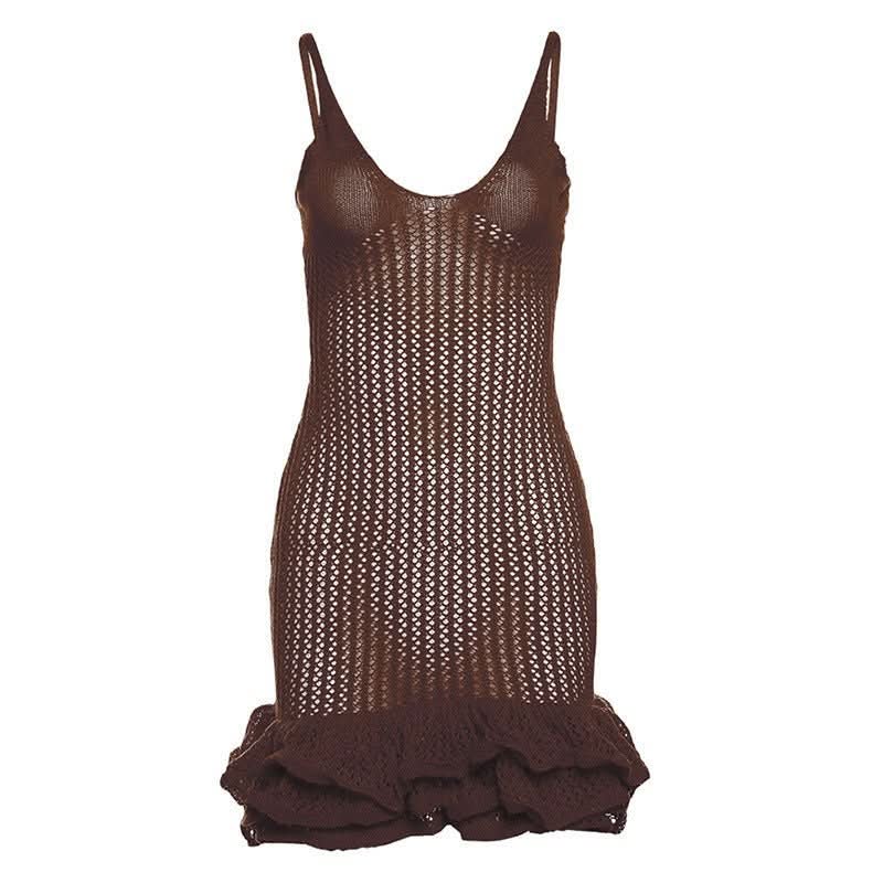 Women's Summer Crochet Scoop Neck Ruffle Mini Dress
