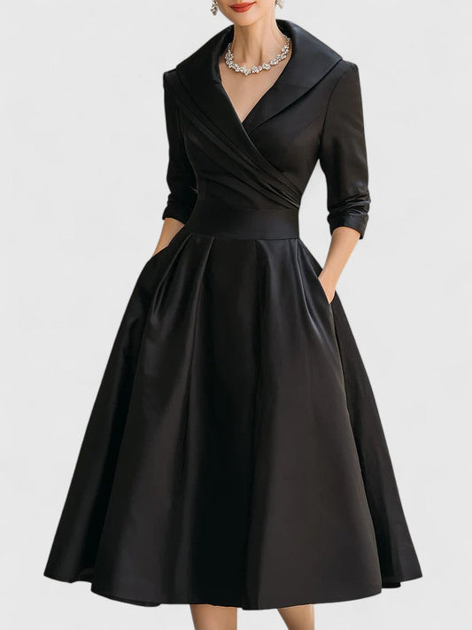 Women's Cocktail V Neck 3/4 Sleeve Midi Dress with Pockets