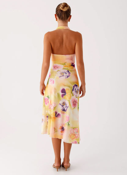 Women's Wedding Guest Floral Halter V Neck Midi Dress