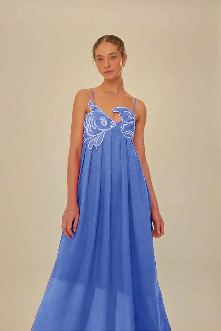 Women's Summer Fish Print Spaghetti Strap Maxi Dress