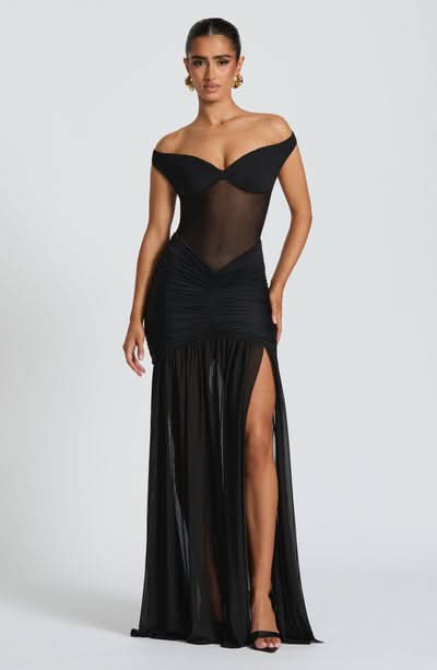 Women's Cocktail Off Shoulder Ruched Maxi Dress With Slit
