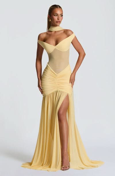 Women's Cocktail Off Shoulder Ruched Maxi Dress With Slit
