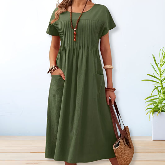 Women's Summer Pleated Short Sleeve Maxi Dress With Pockets