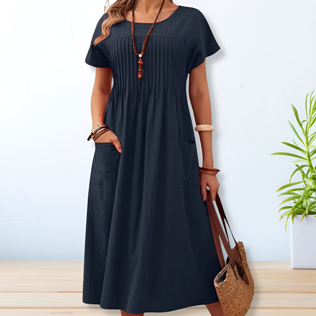 Women's Summer Pleated Short Sleeve Maxi Dress With Pockets