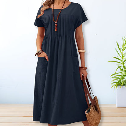 Women's Summer Pleated Short Sleeve Maxi Dress With Pockets